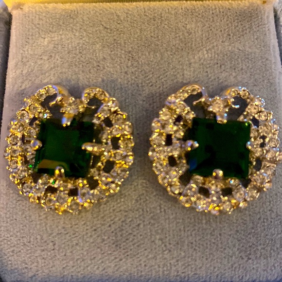 Smithsonian Museum Replica Hooker Emerald Rhinestones Silver Earrings Vintage - Picture 5 of 6